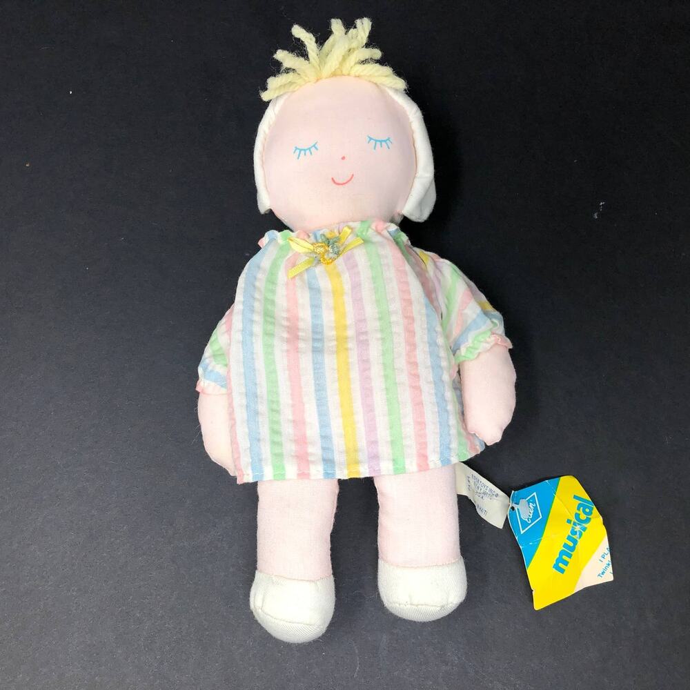 Eden Cloth Baby Doll Musical Plush‎ Striped Dress Blonde Yarn Hair Bonnet VTG